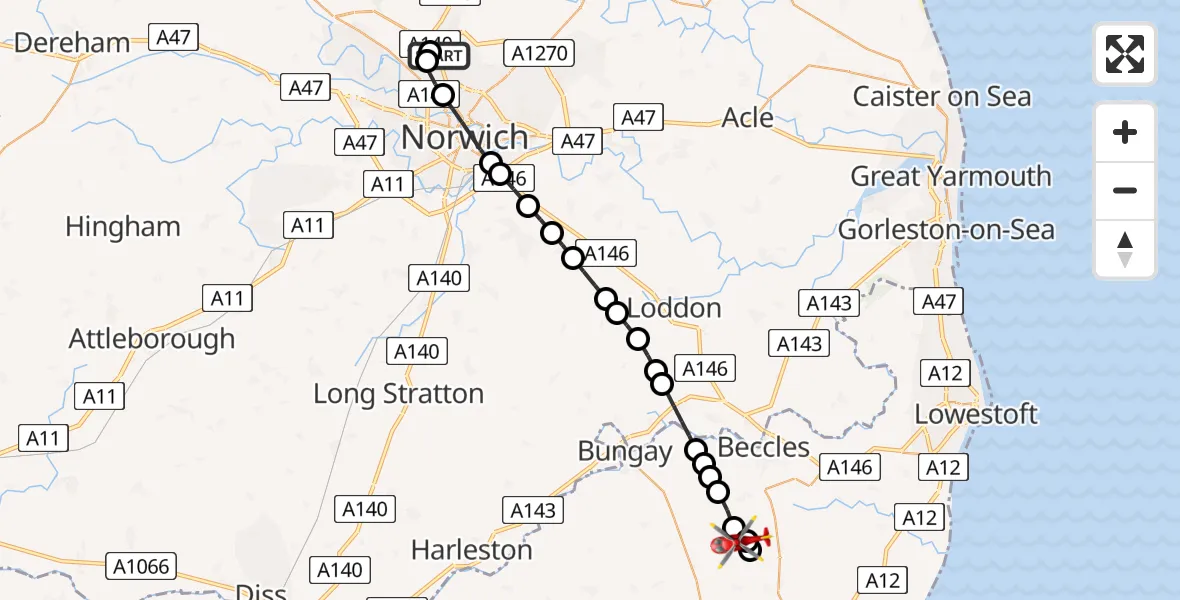 Flight path map showing Air Ambulance Helicopter route from Norwich Airport to Redisham