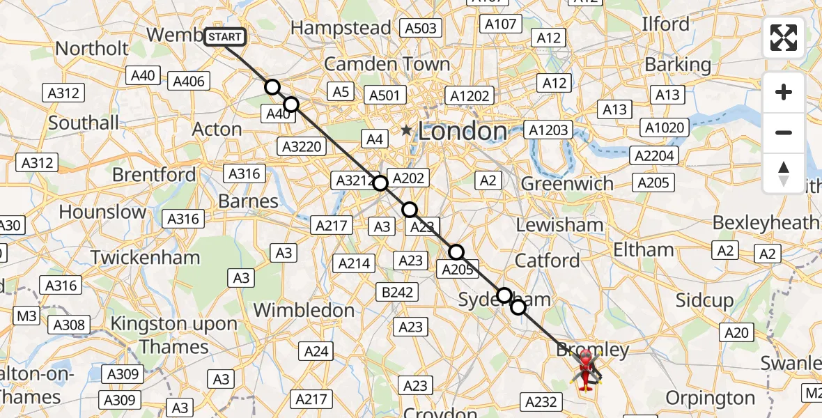 Flight path map showing Air Ambulance Helicopter route from London Borough of Brent to London Borough of Bromley