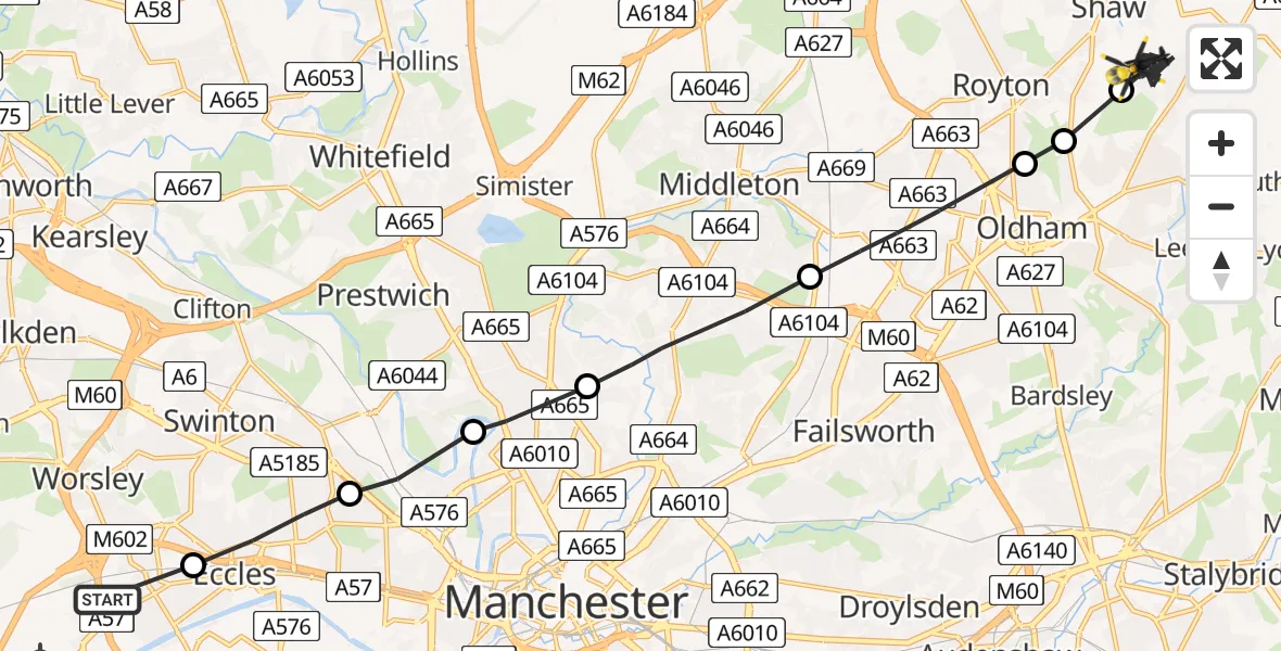 Flight path map showing Police Helicopter route from Worsley to Shaw