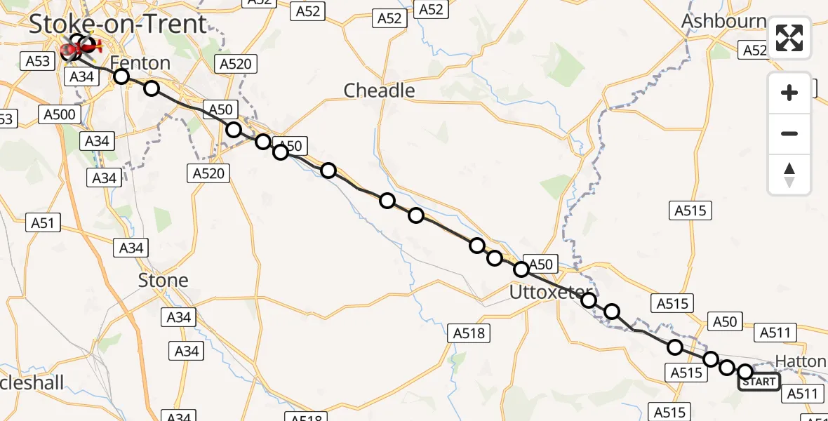 Flight path map showing Air Ambulance Helicopter route from Tutbury to Stoke