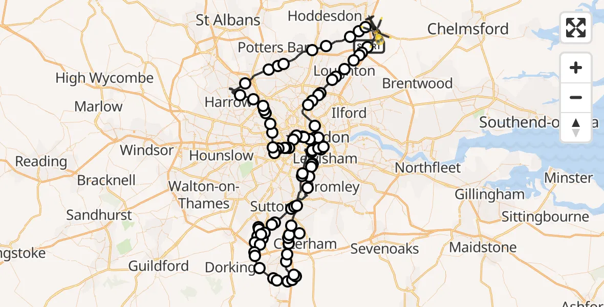 Flight path map showing Police Helicopter route from Coopersale to North Weald Bassett