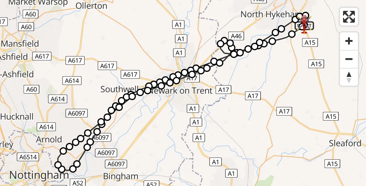 Flight path map showing Air Ambulance Helicopter route from RAF Waddington to North Kesteven