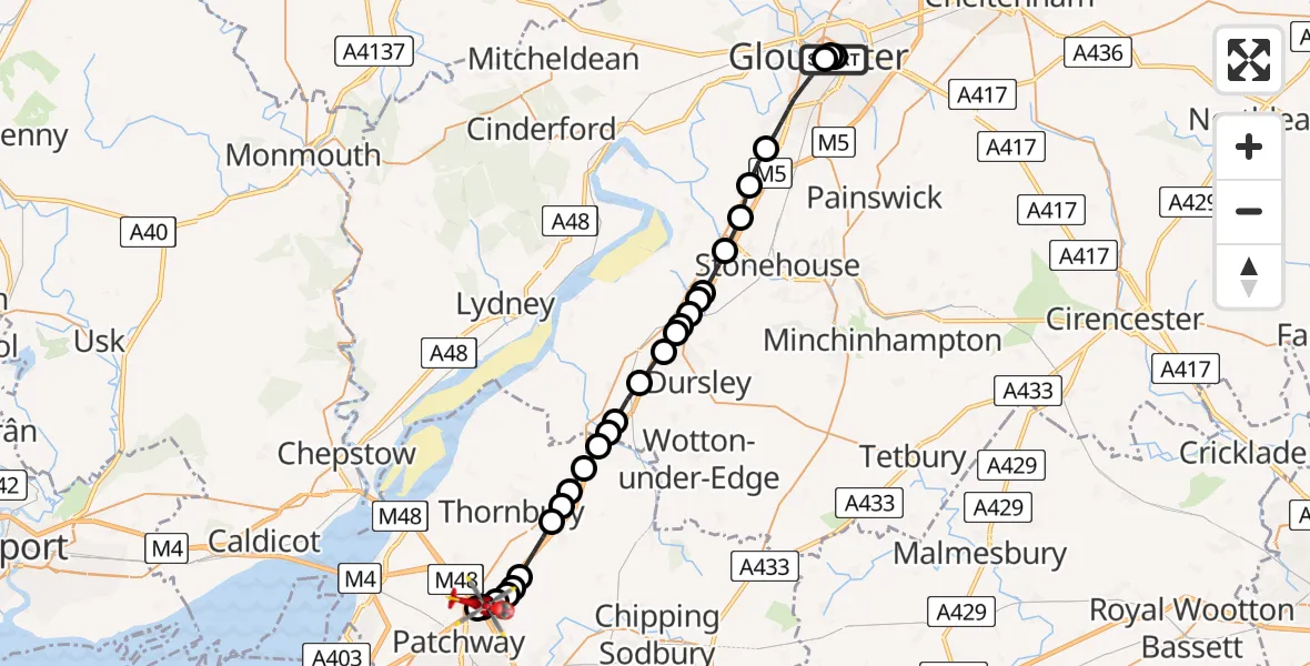 Flight path map showing Air Ambulance Helicopter route from Gloucester Royal Hospital to Hortham