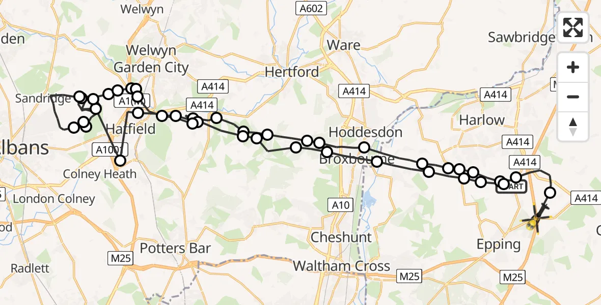 Flight path map showing Police Helicopter route from North Weald Bassett to North Weald Airfield