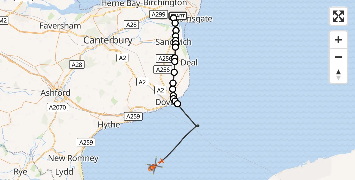 Flight path map showing Coastguard Helicopter route from Manston Airport to English Channel