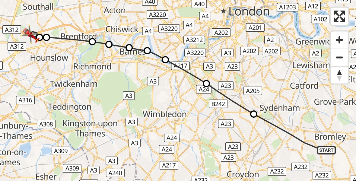 Flight path map showing Air Ambulance Helicopter route from London Borough of Bromley to London Borough of Hounslow