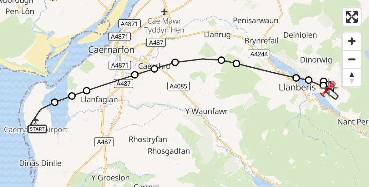 Flight path map showing Air Ambulance Helicopter route from Caernarfon Airport to Llanberis