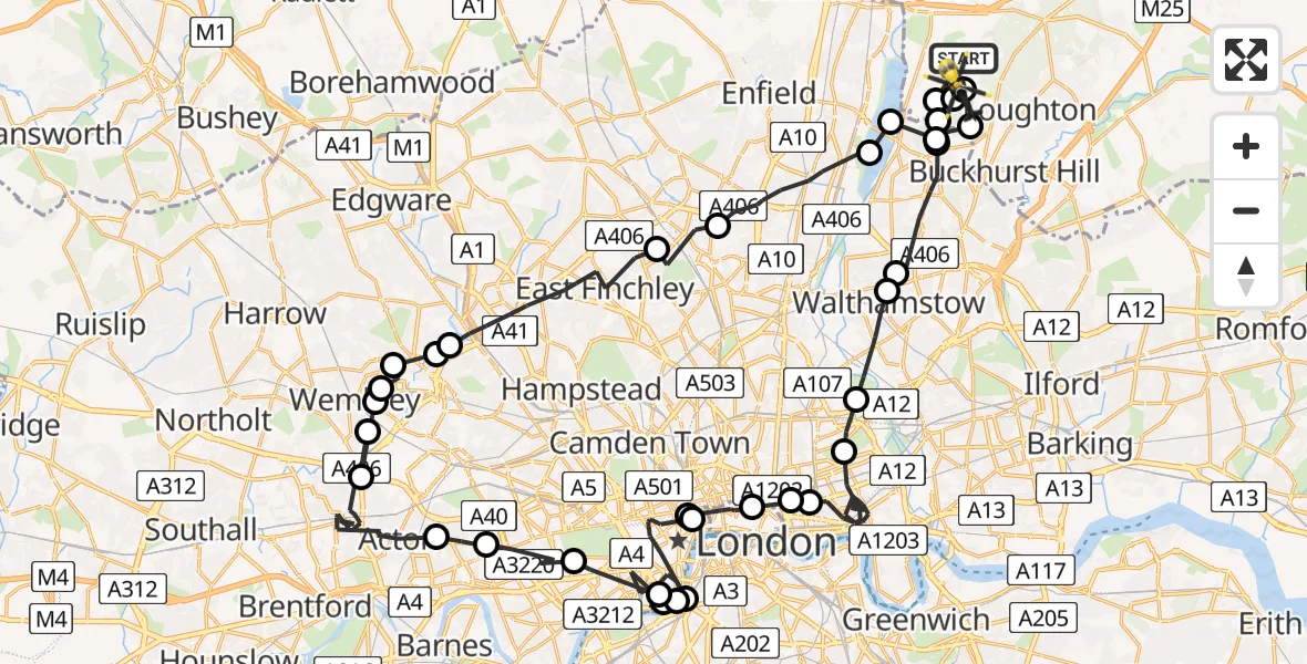Flight path map showing Police Helicopter route from Epping Forest to Metropolitan Police Air Support Unit Lippitts Hill