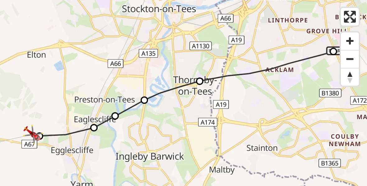 Flight path map showing Air Ambulance Helicopter route from James Cook University Hospital to Egglescliffe