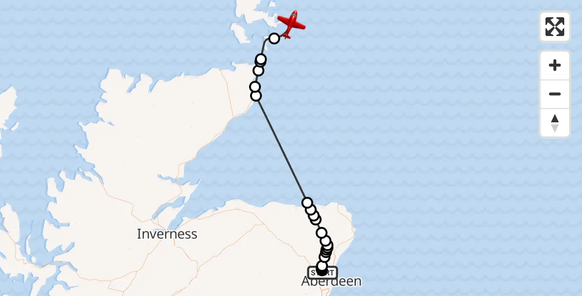 Flight path map showing Air Ambulance Aircraft route from Aberdeen International Airport to North Sea