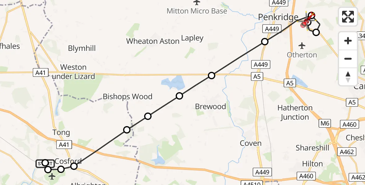 Flight path map showing Air Ambulance Helicopter route from RAF Cosford to Huntington