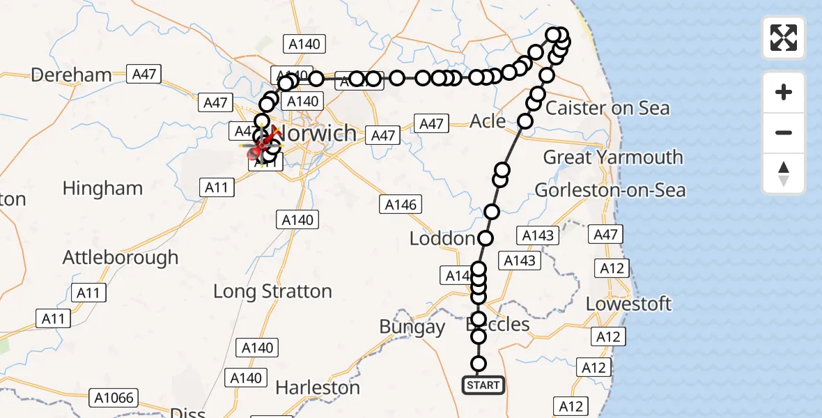 Flight path map showing Air Ambulance Helicopter route from Redisham to Norfolk & Norwich Hospital
