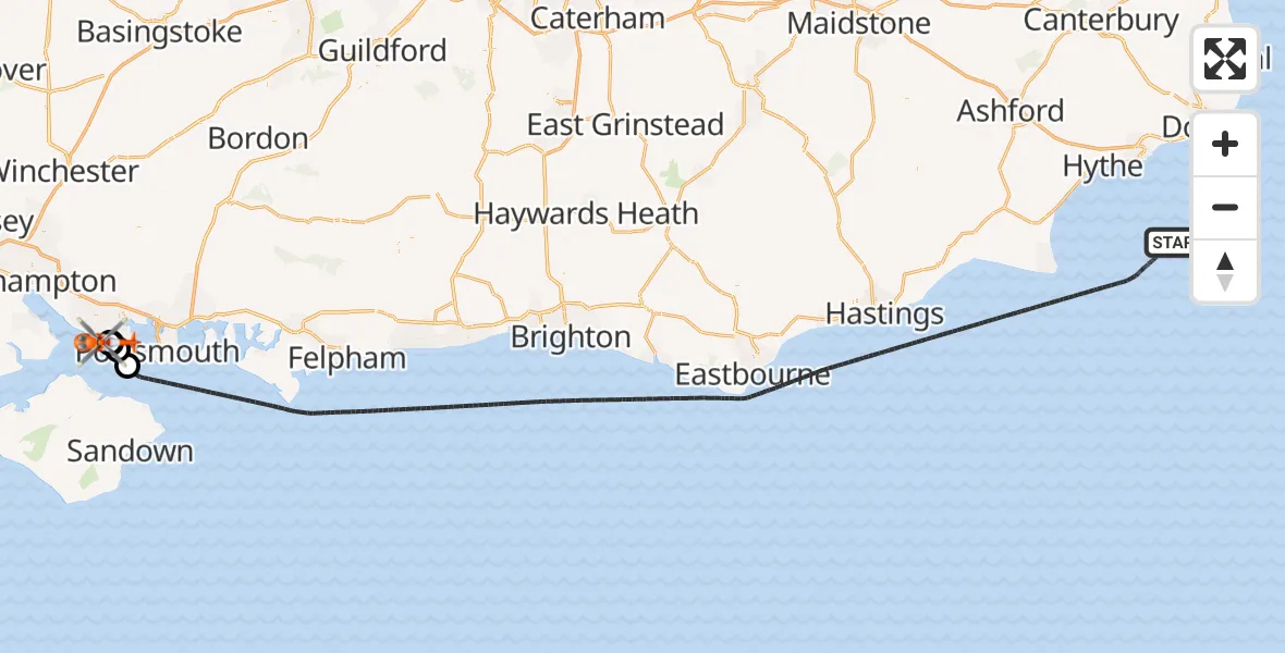 Flight path map showing Coastguard Helicopter route from English Channel to Solent Airport