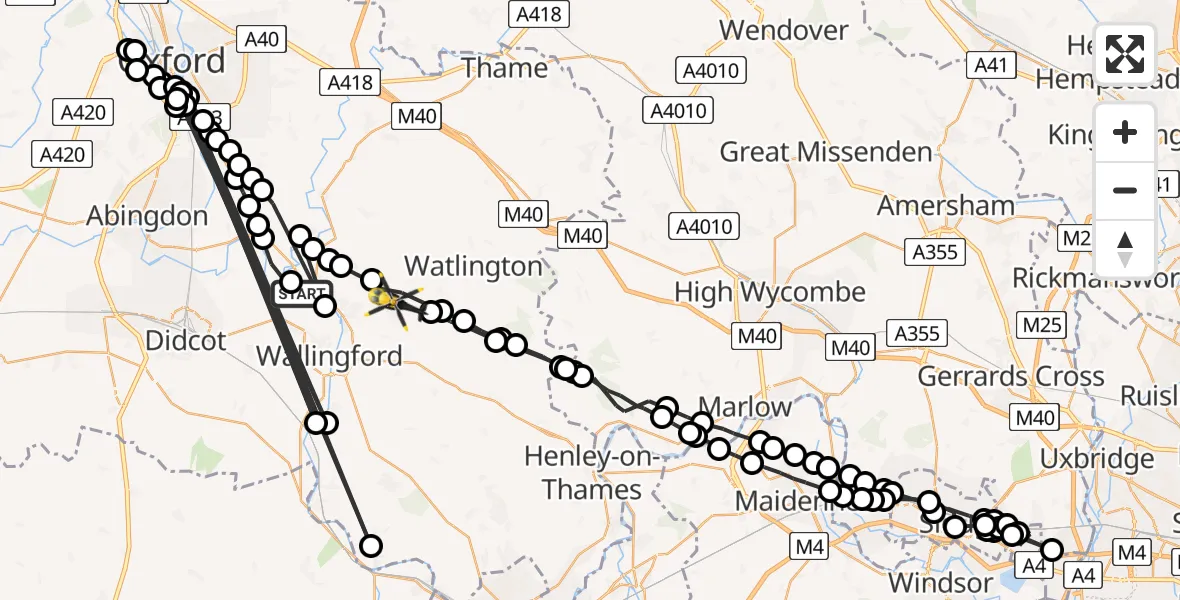 Flight path map showing Police Helicopter route from Shillingford to Ewelme