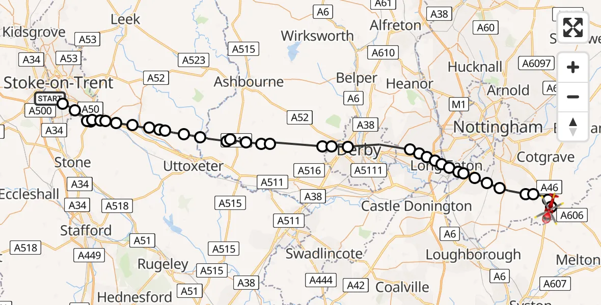 Routekaart van de vlucht: Air Ambulance Helicopter to Nottingham Heliport