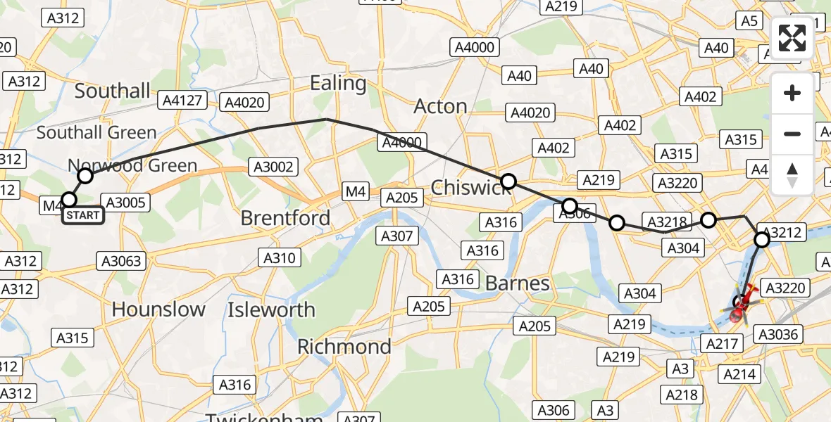 Flight path map showing Air Ambulance Helicopter route from London Borough of Hounslow to London Heliport