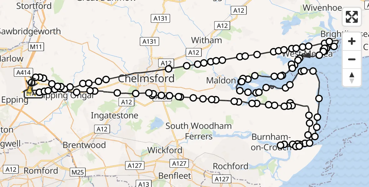Flight path map showing Police Helicopter route from Epping Forest to North Weald Airfield