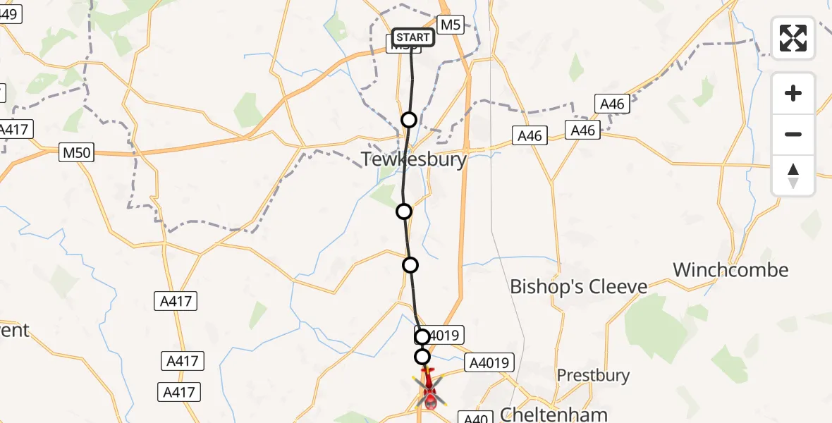 Flight path map showing Air Ambulance Helicopter route from Twyning to Cheltenham