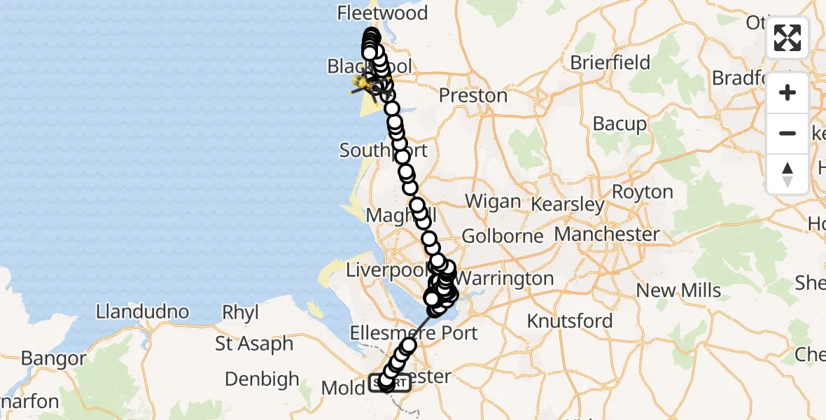 Flight path map showing Police Helicopter route from Hawarden Airport to Blackpool Airport