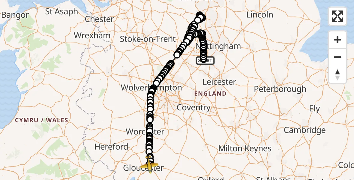 Flight path map showing Police Aircraft route from East Midlands Airport to Tewkesbury