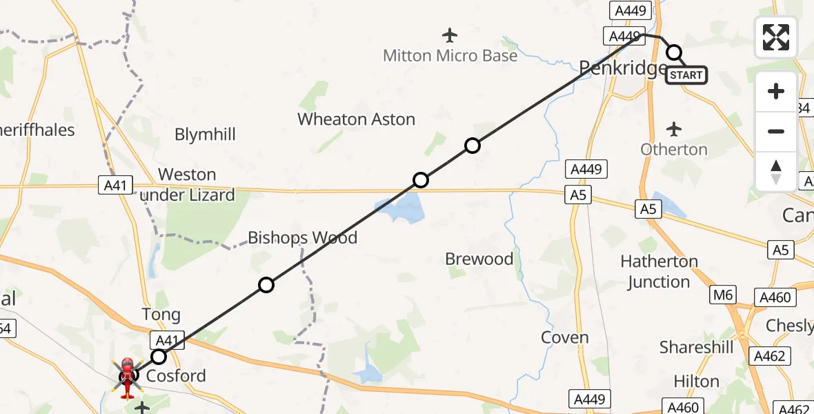 Flight path map showing Air Ambulance Helicopter route from Huntington to Cosford