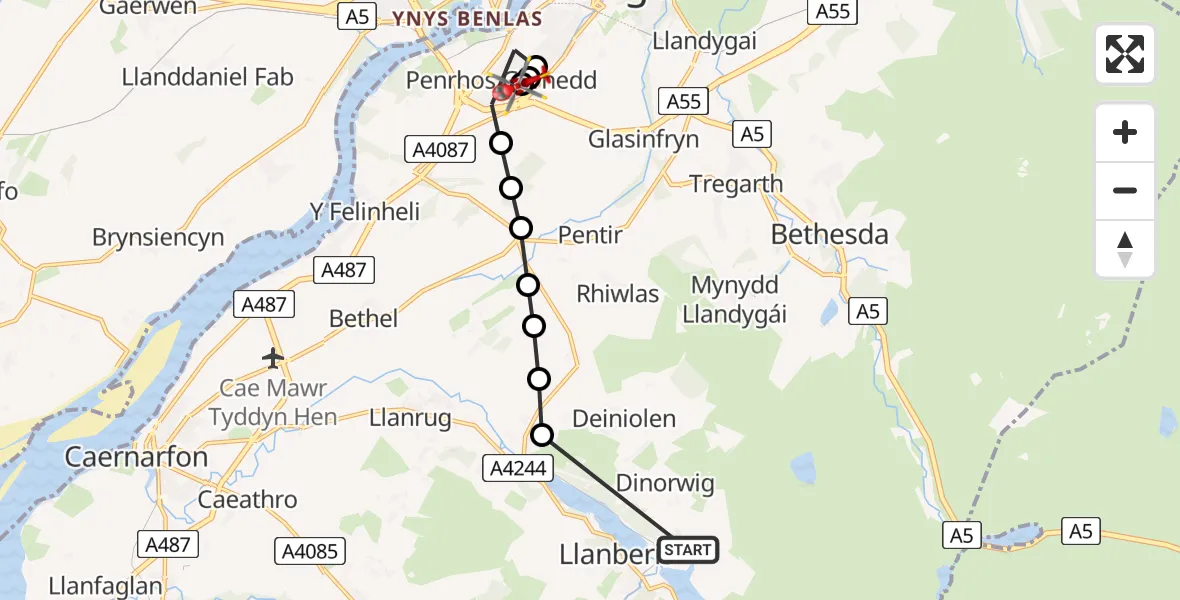 Flight path map showing Air Ambulance Helicopter route from Llanberis to Ysbyty Gwynedd Hospital Heliport