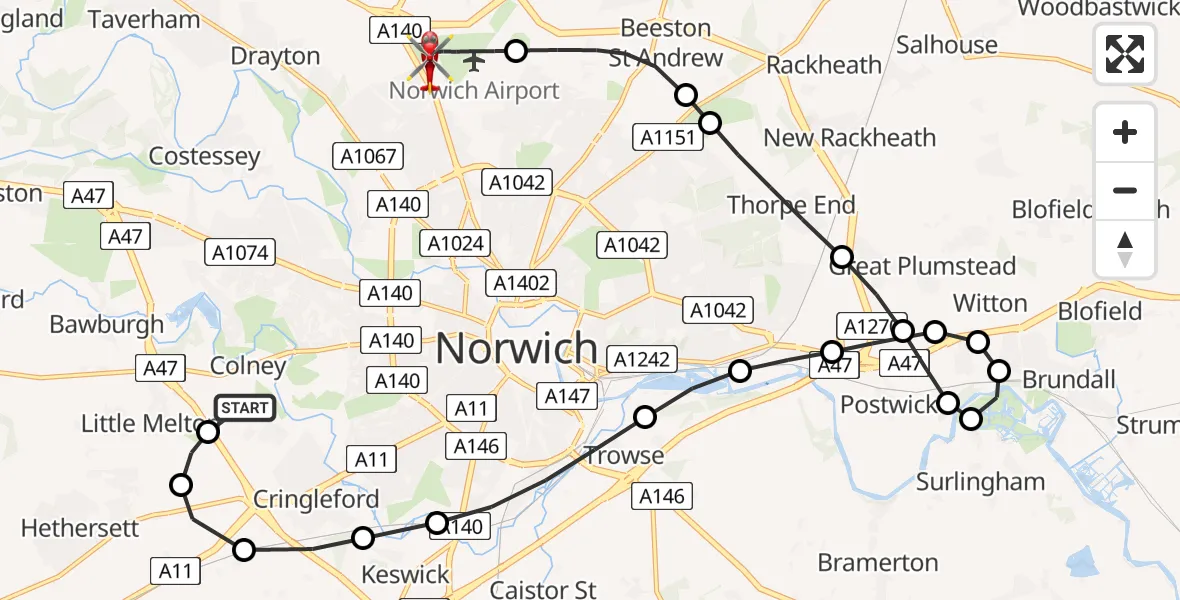 Flight path map showing Air Ambulance Helicopter route from Norfolk & Norwich Hospital to Norwich Airport