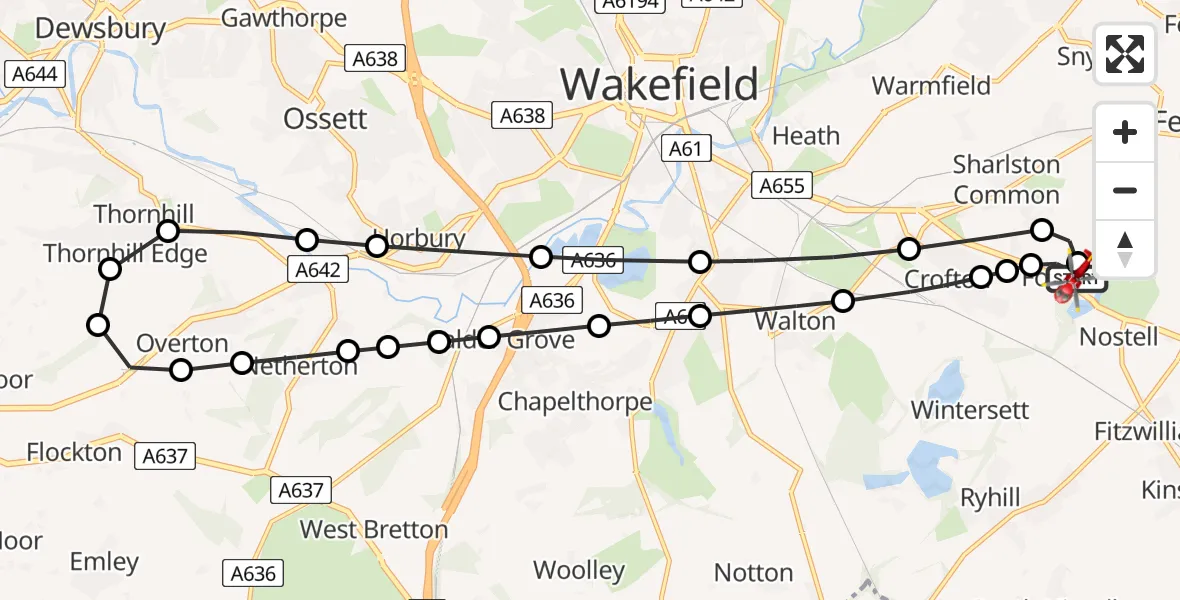 Flight path map showing Air Ambulance Helicopter route from YAA Nostell Helicopter Port to YAA Nostell Helicopter Port