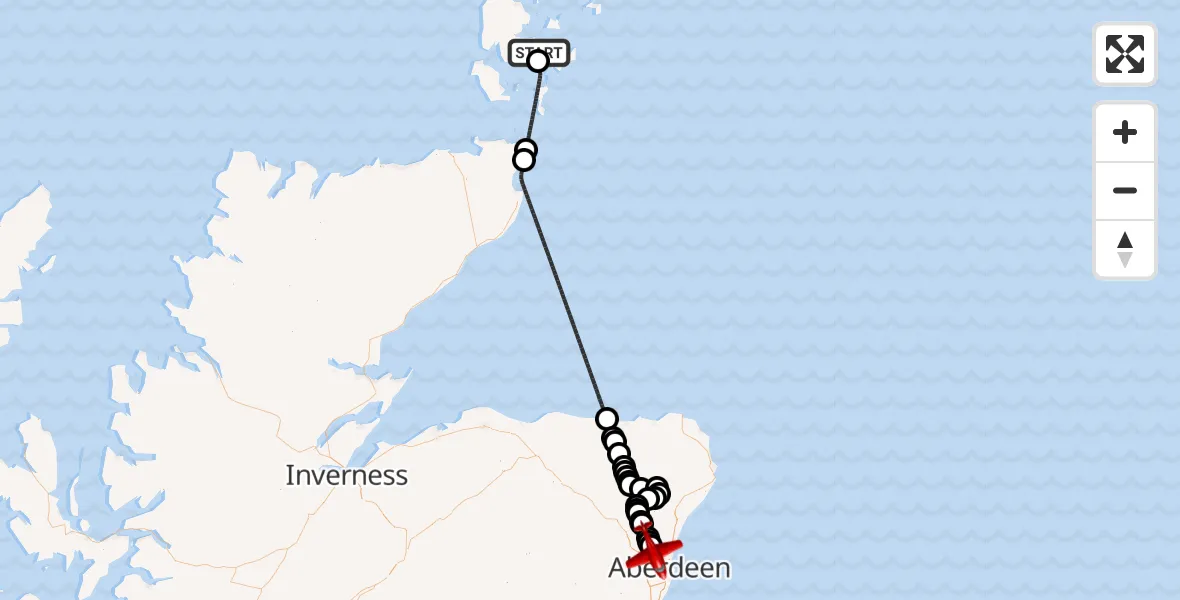 Flight path map showing Air Ambulance Aircraft route from Kirkwall to Aberdeen International Airport