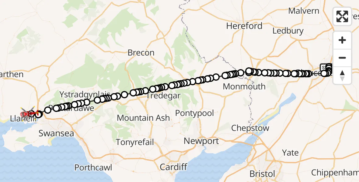 Flight path map showing Air Ambulance Helicopter route from Gloucestershire Airport to Dafen