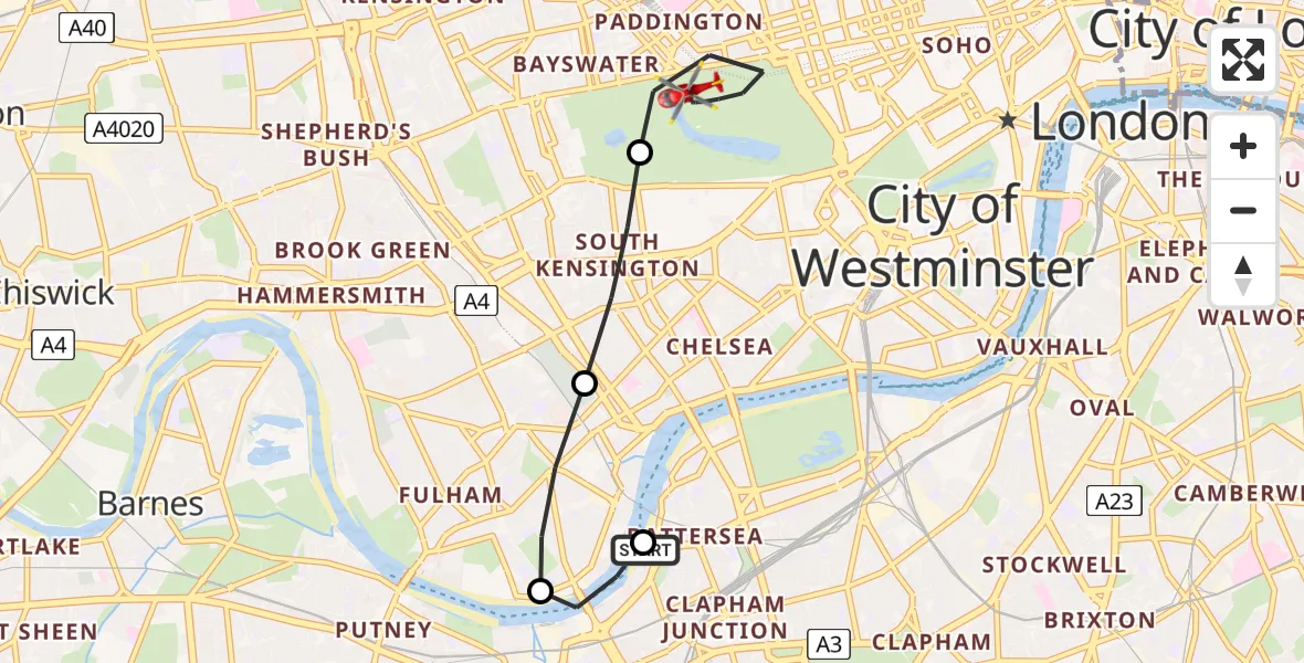 Flight path map showing Air Ambulance Helicopter route from London Heliport to City of Westminster