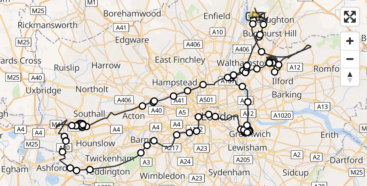 Flight path map showing Police Helicopter route from Sewardstonebury to Sewardstonebury