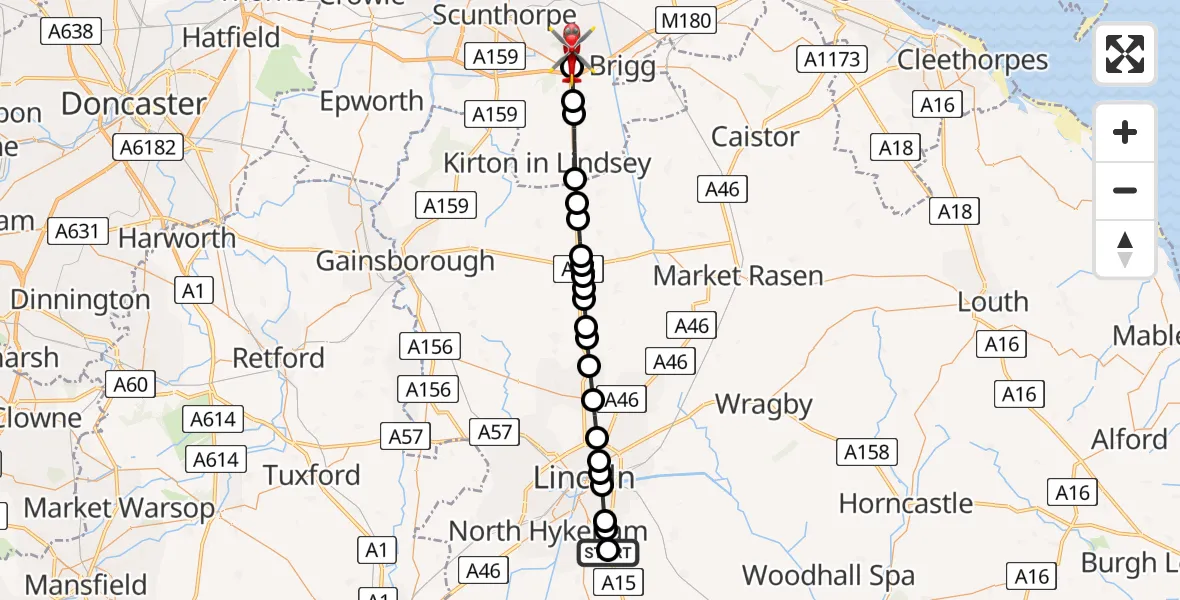 Flight path map showing Air Ambulance Helicopter route from RAF Waddington to Broughton