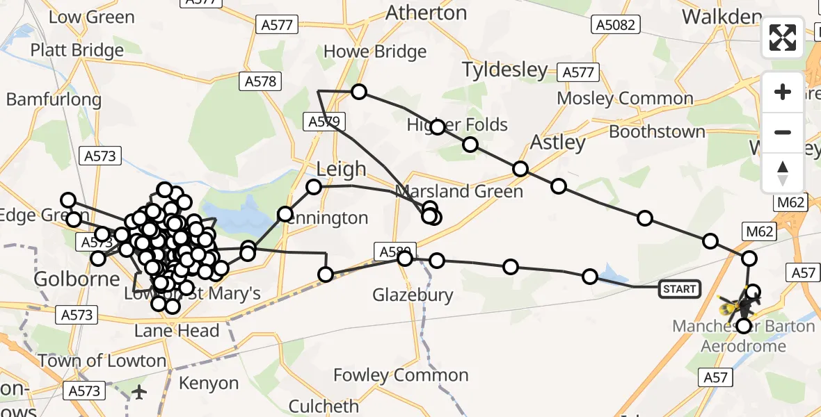 Flight path map showing Police Helicopter route from Irlam to Manchester Barton Aerodrome