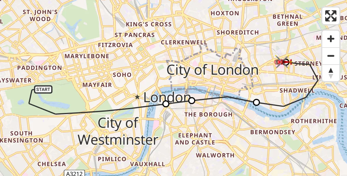 Flight path map showing Air Ambulance Helicopter route from City of Westminster to Royal London Hospital