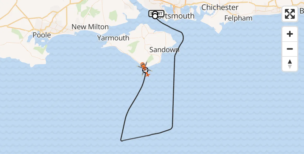 Flight path map showing Coastguard Helicopter route from Solent Airport to Niton