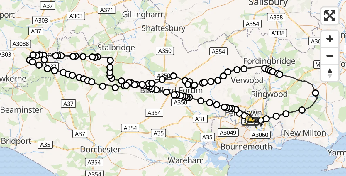 Flight path map showing Police Helicopter route from Parley Cross to Bournemouth Airport
