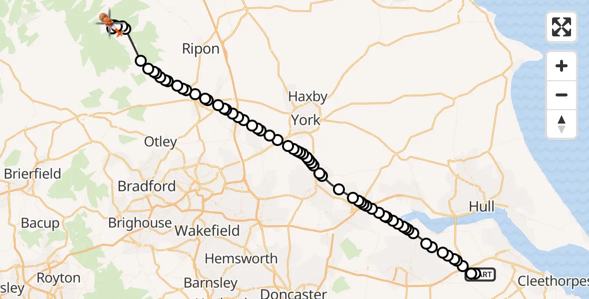 Flight path map showing Coastguard Helicopter route from Humberside Airport to Stonebeck Up
