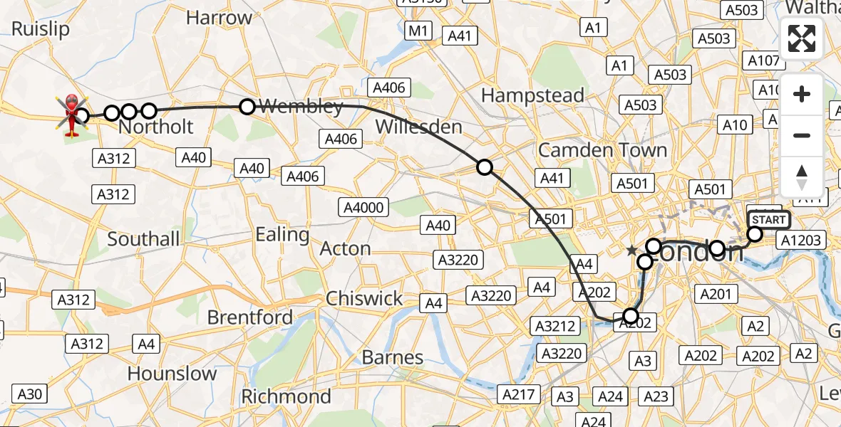 Flight path map showing Air Ambulance Helicopter route from Royal London Hospital to RAF Northolt