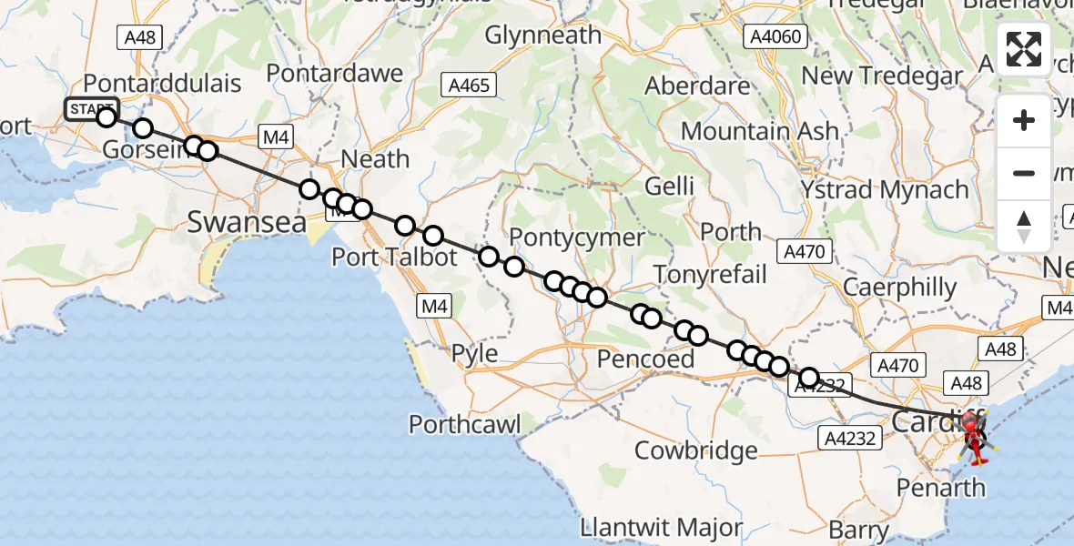 Flight path map showing Air Ambulance Helicopter route from Dafen to Cardiff Heliport