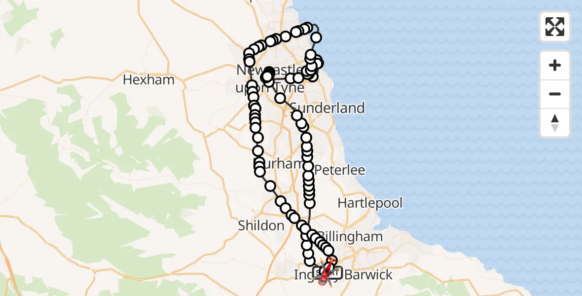 Flight path map showing Air Ambulance Helicopter route from Egglescliffe to Egglescliffe