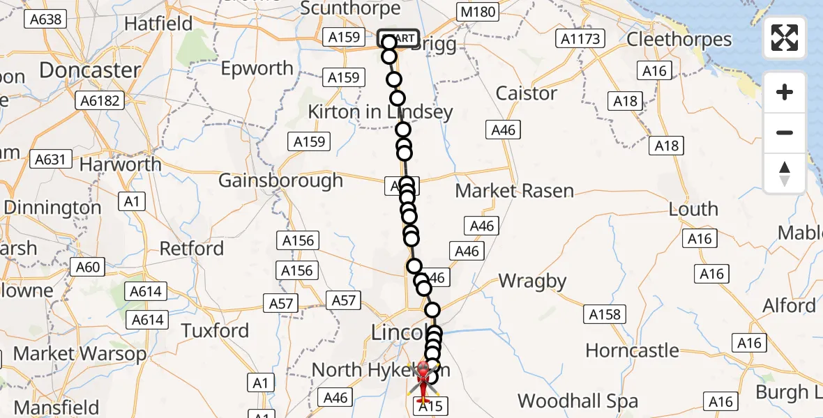 Flight path map showing Air Ambulance Helicopter route from Broughton to North Kesteven