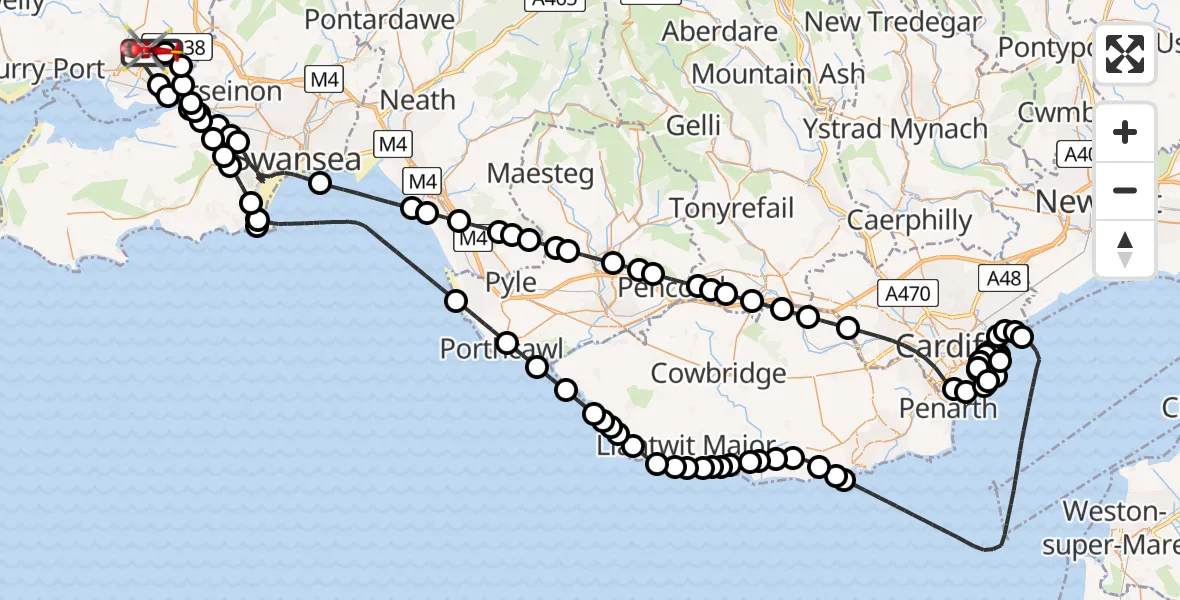 Flight path map showing Air Ambulance Helicopter route from Dafen to Dafen