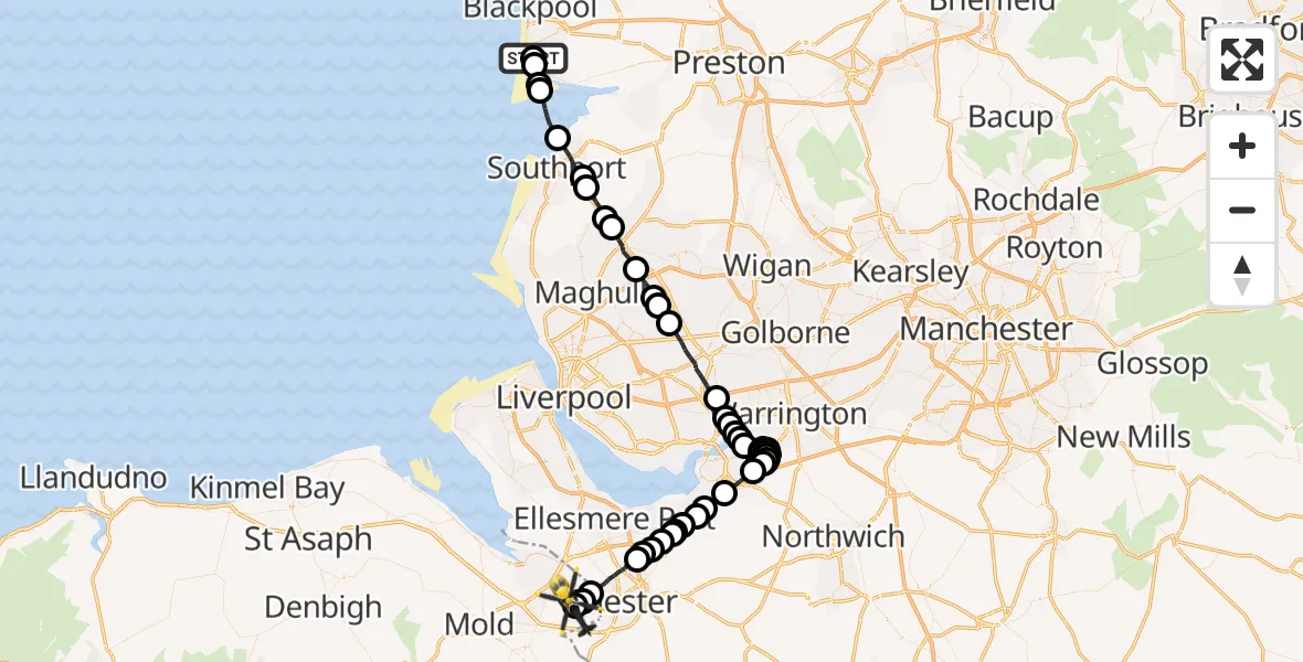 Flight path map showing Police Helicopter route from Blackpool Airport to Hawarden Airport