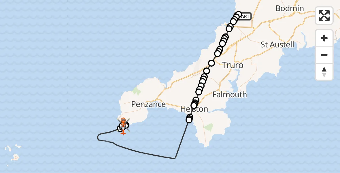Flight path map showing Coastguard Helicopter route from Cornwall Airport Newquay to Porthcurno