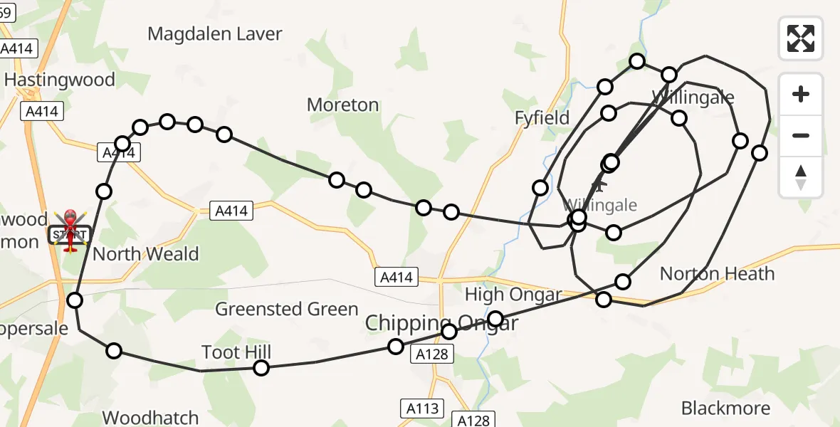 Flight path map showing Air Ambulance Helicopter route from North Weald Airfield to North Weald Airfield