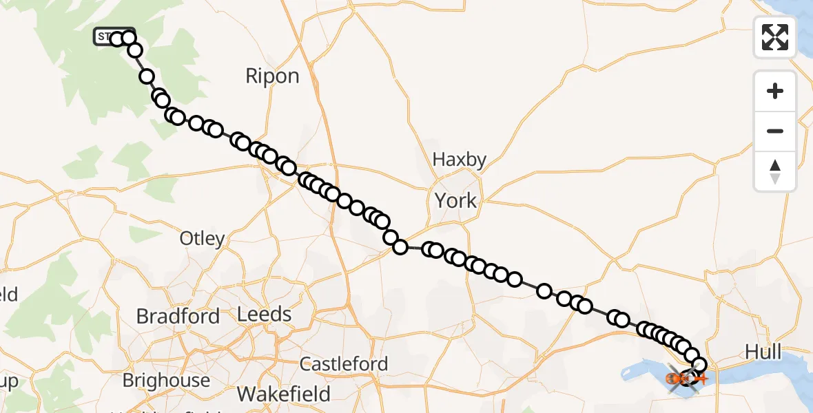 Flight path map showing Coastguard Helicopter route from Stonebeck Up to Welton