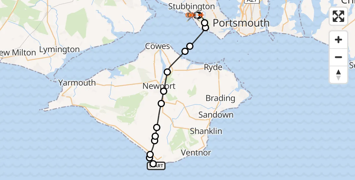 Flight path map showing Coastguard Helicopter route from Niton to Solent Airport