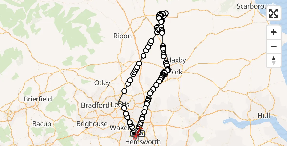 Flight path map showing Air Ambulance Helicopter route from YAA Nostell Helicopter Port to YAA Nostell Helicopter Port