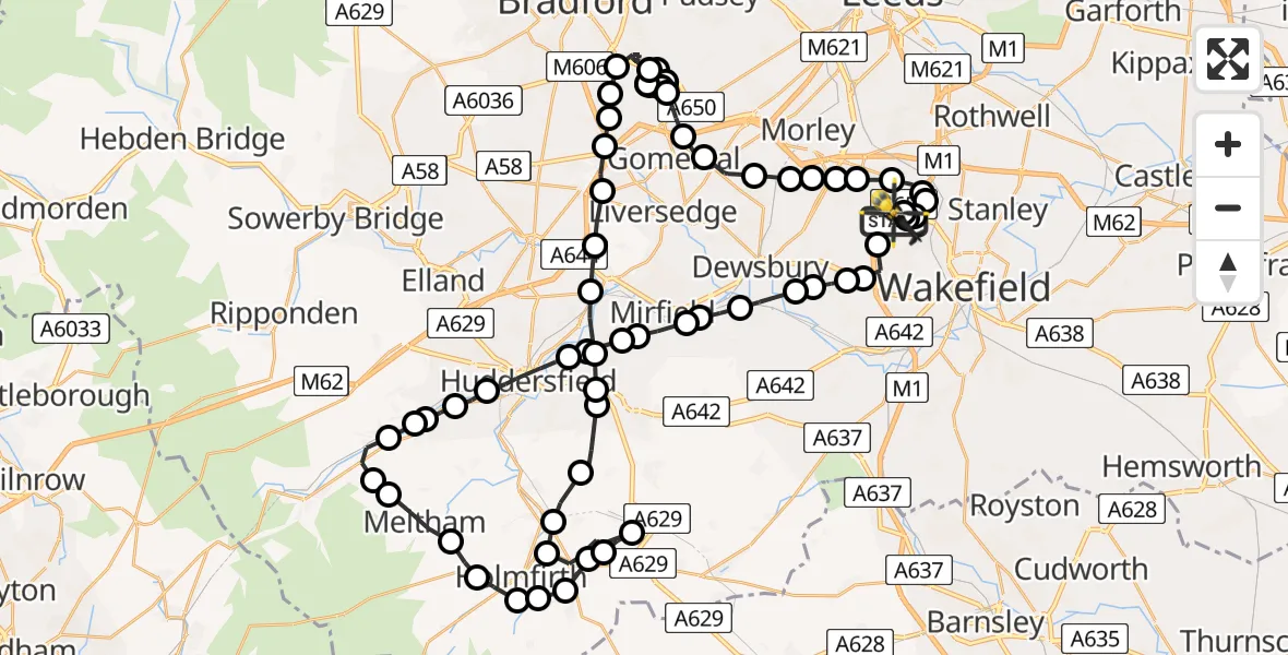Flight path map showing Police Helicopter route from East Ardsley to East Ardsley